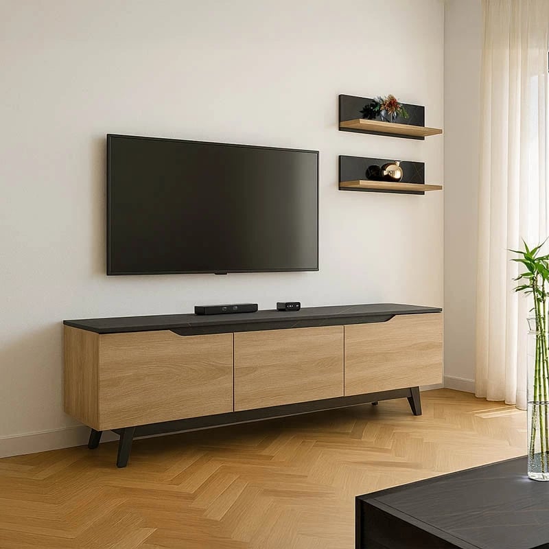 Set Kasia për dhomë dite, ngjyrë mermeri të zi-sonoma, 180x35x48.5cm