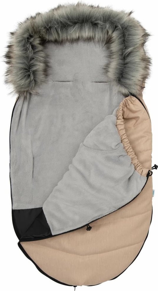 Thes gjumi për karrocë, New Baby, 90x49 cm, i papërshkueshëm nga uji dhe era, kapuç me lesh sintetik, bezhë