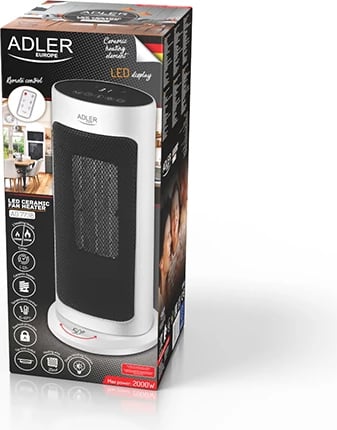 Ngrohës kullë Adler AD 7738, qeramik, 2000W, LED, telekomandë, timer 1-12h, i bardhë