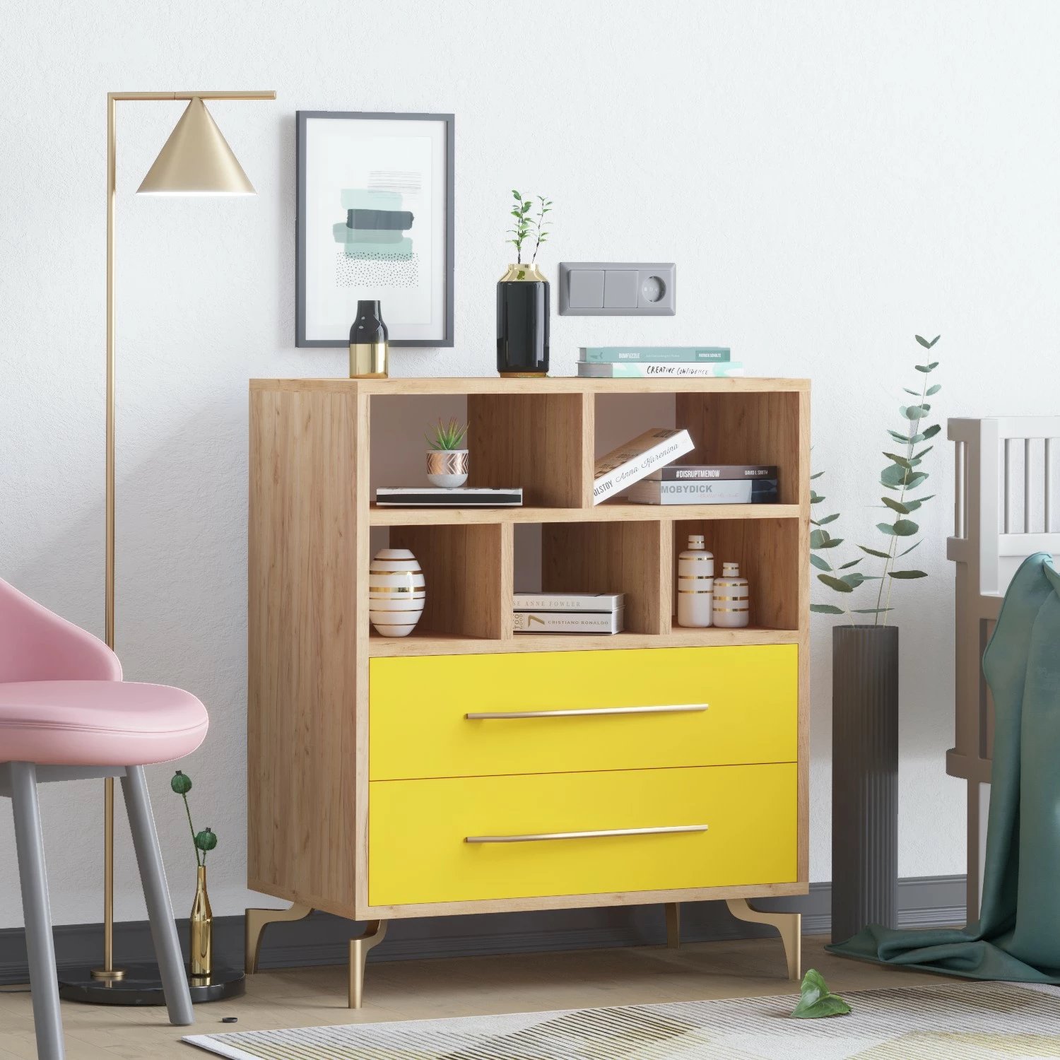 Komodë moderne Skye Decor, ngjyrë ari dhe lisi, ALBA, 70x40x85.6cm