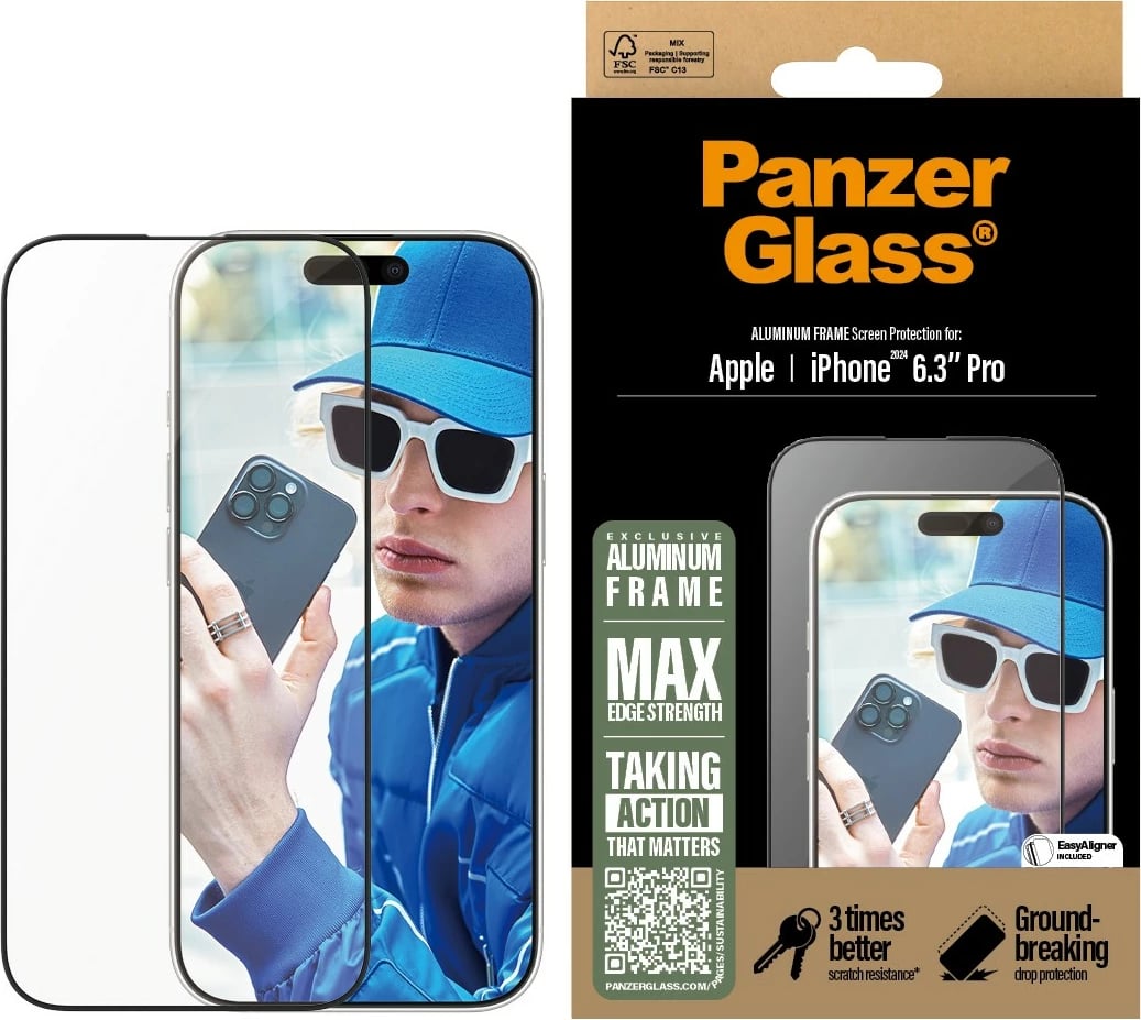 Mbrojtës ekrani PanzerGlass për iPhone 16 Pro, kornizë alumini