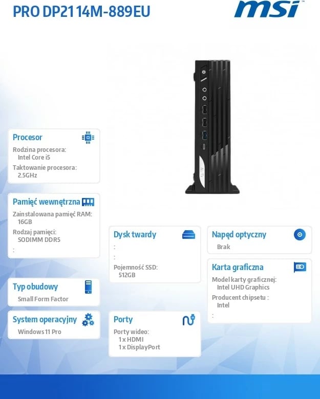 Kompjuter MSI PRO DP21 14M-889EU, Intel Core i5-14400, 16GB RAM Memorje, 512GB SSD, Windows 11 Pro, Small Form Factor, Black