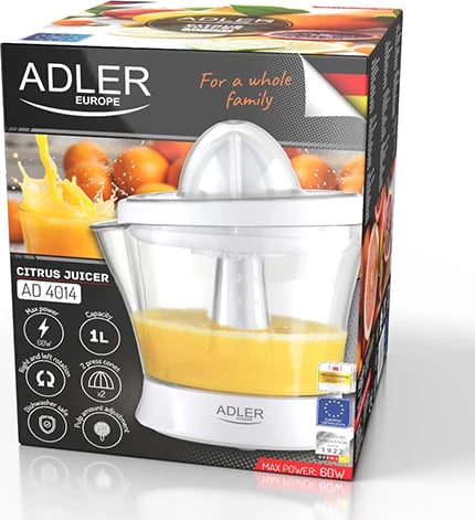 Shtrydhëse agrumesh, Adler AD 4014, 1L, 40W (60W max), auto start/stop, 2 konuse, e bardhë