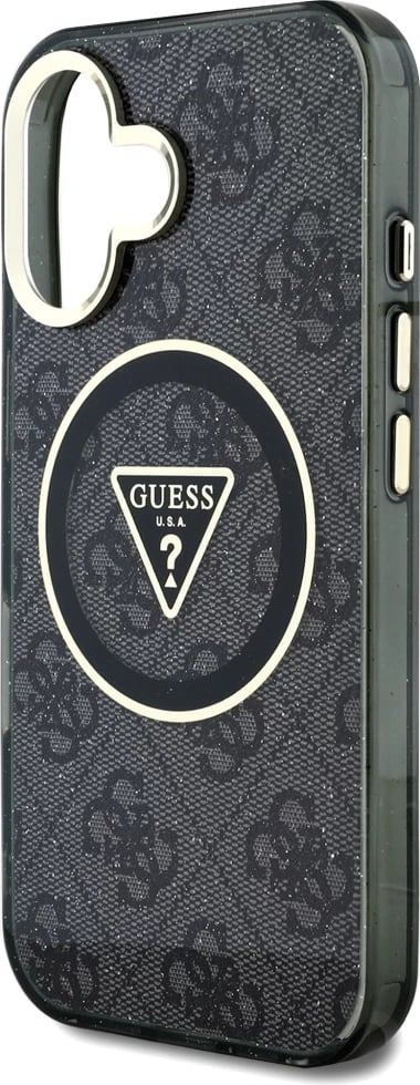 Mbështjellës Guess IML Metal Glitter 4G Circle Triangle MagSafe për iPhone 16, i zi Mbështjellës Guess IML Metal Glitter 4G Circle Triangle MagSafe për iPhone 16, i zi