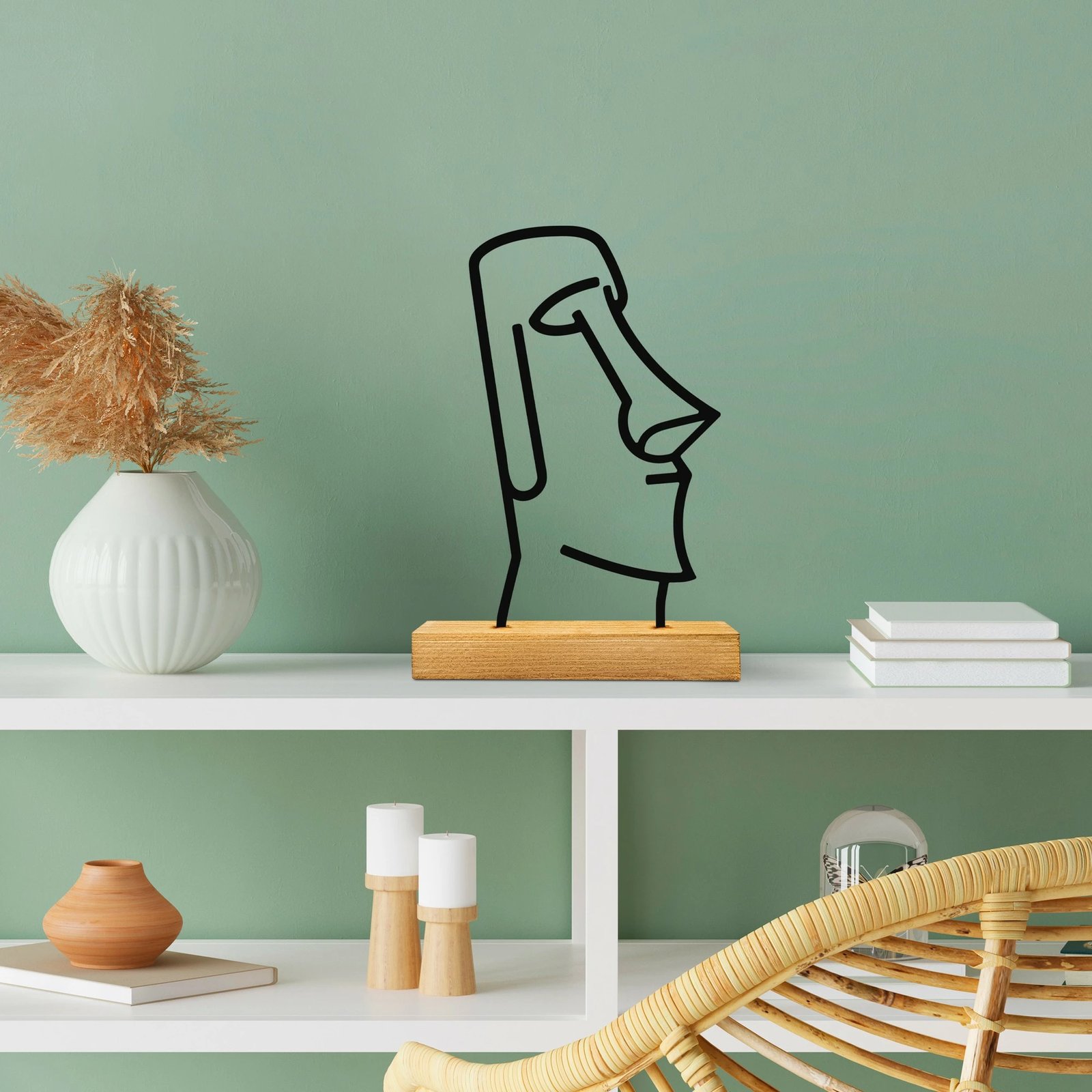 Objekt dekorativ Moai, dizajn Aberto, metal i zi, bazë druri