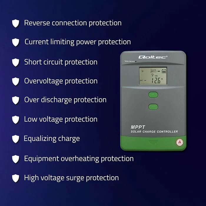 Kontroller karikimi diellor MPPT, Qoltec 53665, 60A, 12V/24V, LCD, Bluetooth me APP, sensor temperature, për GEL & LiFePO4, gri/jeshile
