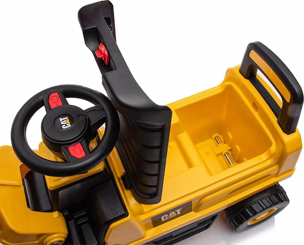 mjet ride-on ngarkues, Milly Mally CAT, timon me zë borie, dy blloqe kundër përmbysjes, magazinim nën ulëse, 12–36 muaj, deri 25 kg, e verdhë