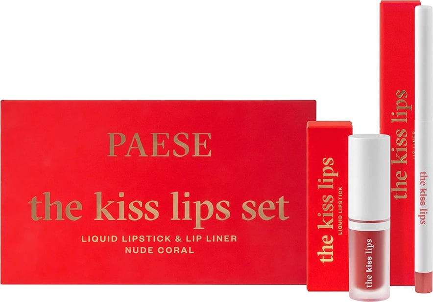 Set buzëkuqi dhe laps për buzë Paese The Kiss Lips 02 Nude Coral për femra, 2 copë