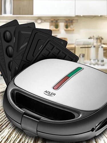 pajisje pjekjeje multifunksionale, Adler AD 3040, 5‑në‑1, 800–1200W, pllaka çelik inox të ndërrueshme, ngjyrë e zezë
