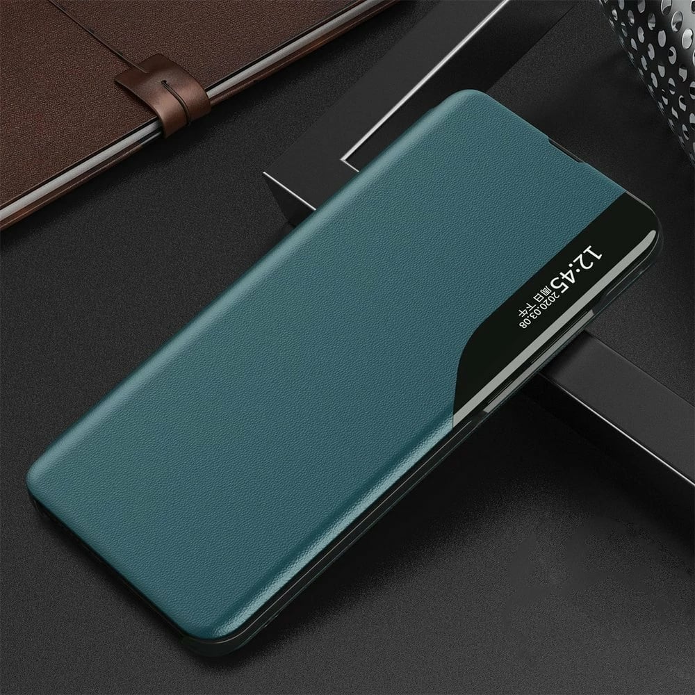 Mbështjellës Hurtel Eco Leather View Case për Samsung Galaxy A72 4G, me kapak dhe mbajtës, e gjelbër