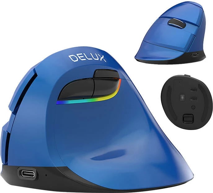 Maus vertikal Delux M618Mini, wireless, RGB, 4000 DPI, Blu