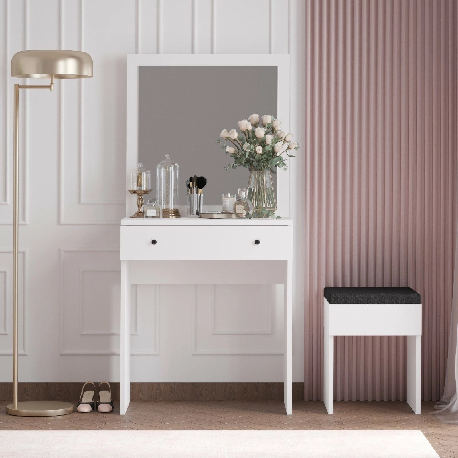 Tavolinë grimimi Hanah Home, Felix, e bardhë, me pasqyrë dhe karrige