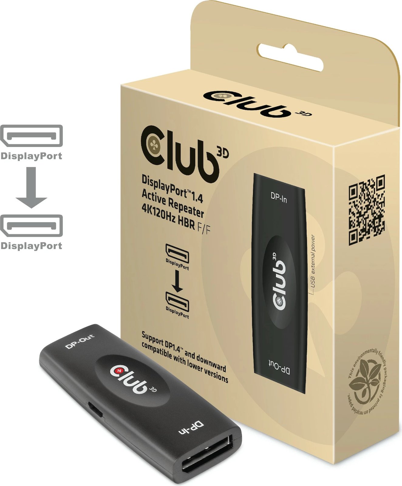 Përsëritës DisplayPort Club3D 1.4, aktiv, Bu/Bu, i zi