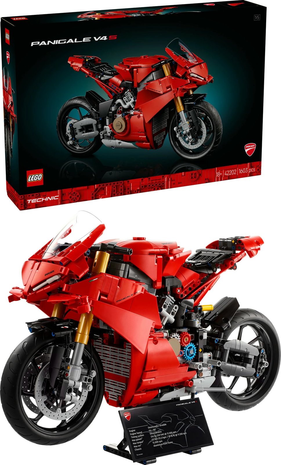 Set ndërtimi LEGO Ducati Panigale V4 S, 1603 copë, ngjyrë e kuqe