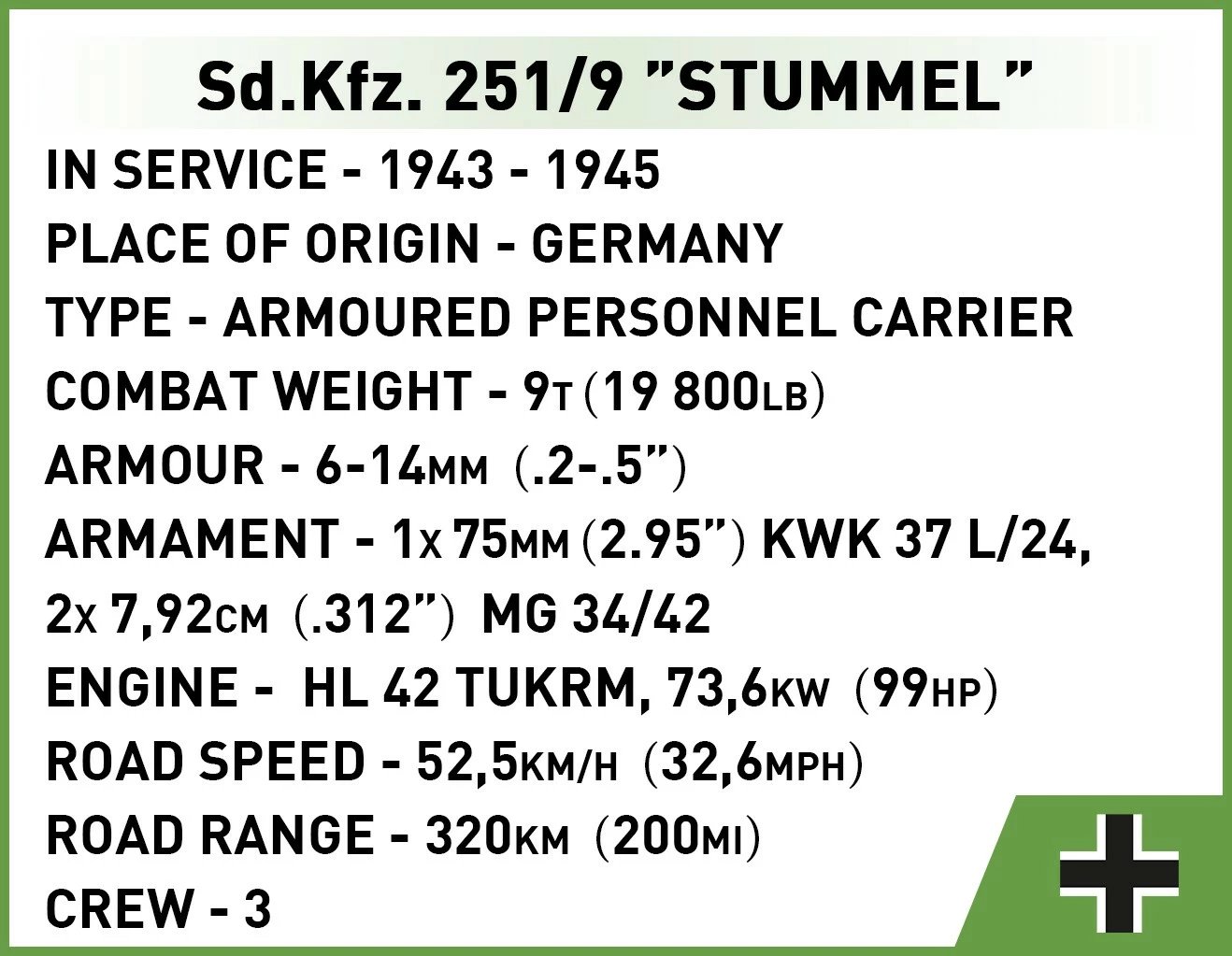 Set blloqesh Cobi Klocki Sd.Kfz. 251/9 Stummel, 485 pjesë, Kamuflazh