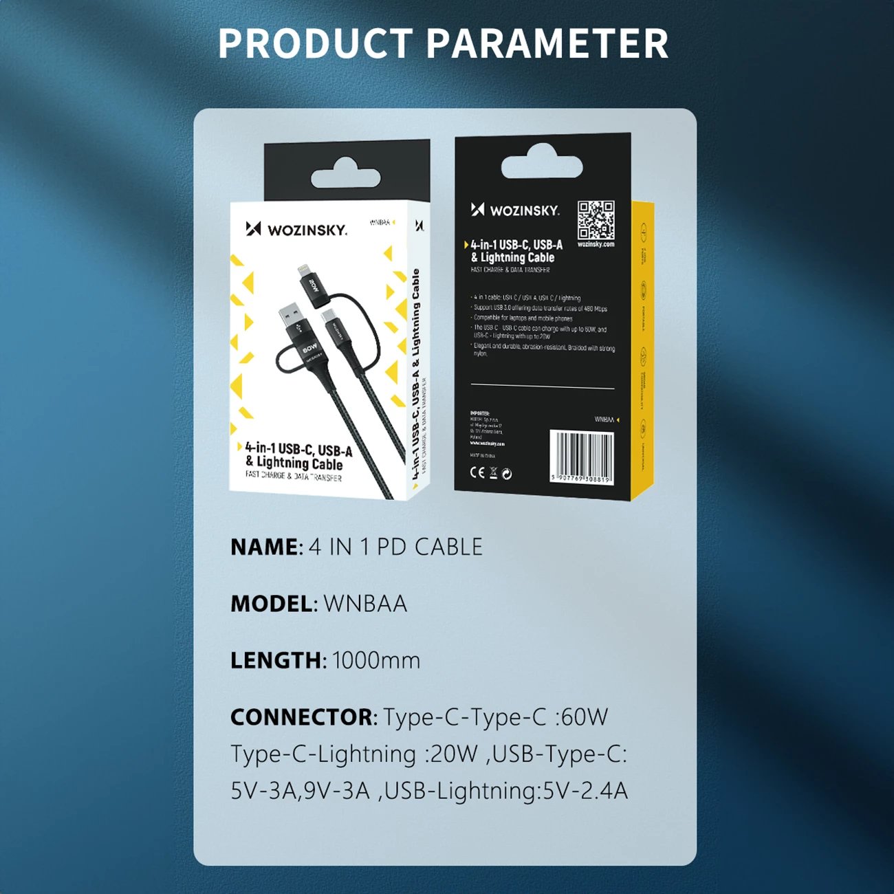 Kabllo 4n1 Wozinsky WNBAA, 1m, USB-C/USB-A/Lightning, 60W, e zezë