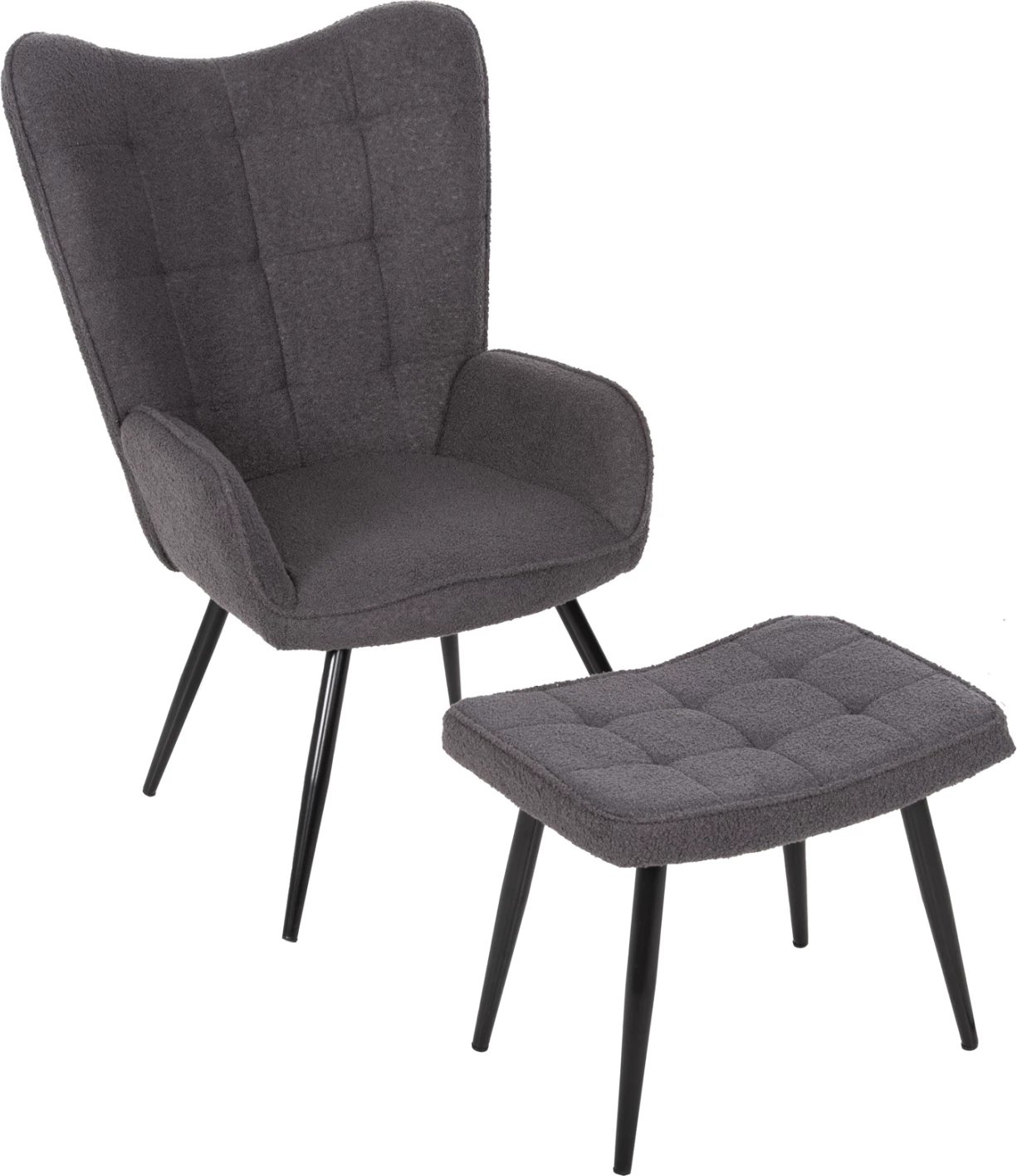 Fotelje CRAWLEY me tabure FH8918.21, pëlhurë boucle gri, këmbë metali të zeza, 70x74x105Hcm