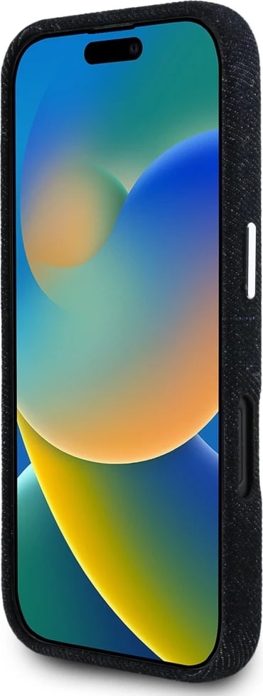 Mbështjellës Guess Denim Triangle Logo MagSafe për iPhone 16, i zi