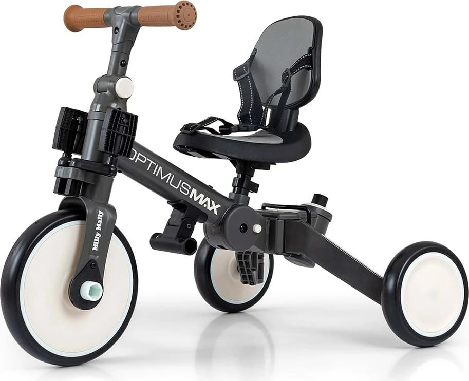 Tricikletë/biçikletë ekuilibri 5‑në‑1, Milly Mally, Optimus Max, dorezë prindi me 4 nivele, rrota shkumë, sedilje e rregullueshme, palosshme, gri e errët