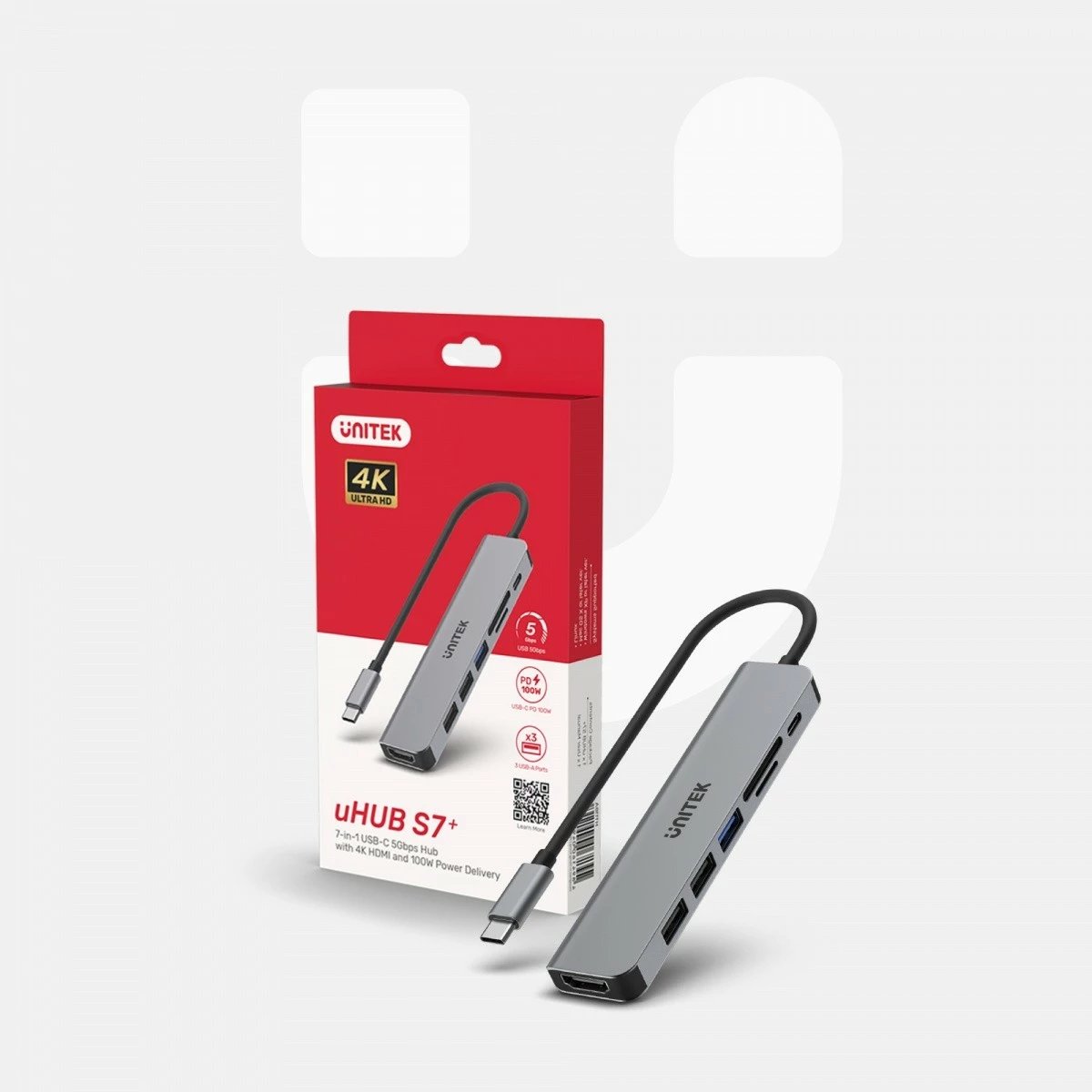 HUB USB-C Unitek H1118A 7-në-1, alumini, 100W PD, HDMI 4K, i zi/gri/argjendtë