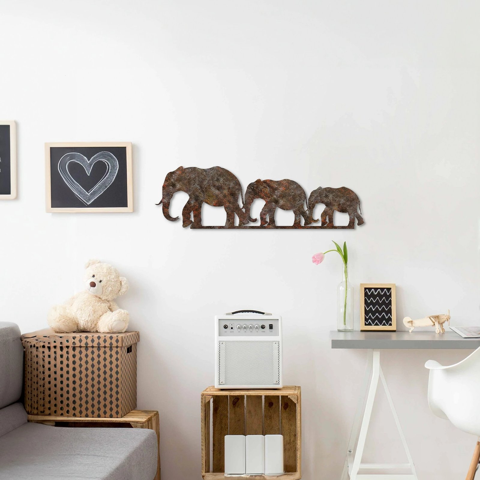 Aksesor dekorativ metalik për mur, elefantë, ngjyrë antike, Wallity