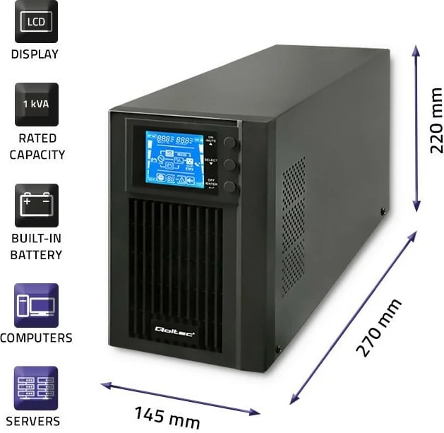 Kasë UPS Qoltec 53042, 1KVA 800W, valë e pastër sinus, LCD, USB, e zezë Kasë UPS Qoltec 53042, 1KVA 800W, valë e pastër sinus, LCD, USB, e zezë