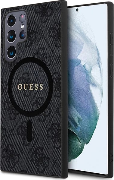 Mbështjellës Guess 4G Collection Leather Metal Logo MagSafe për Samsung Galaxy S24 Ultra, i zi