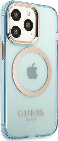 Mbështjellës Guess Gold Outline Translucent MagSafe për iPhone 13 Pro / iPhone 13, Blu