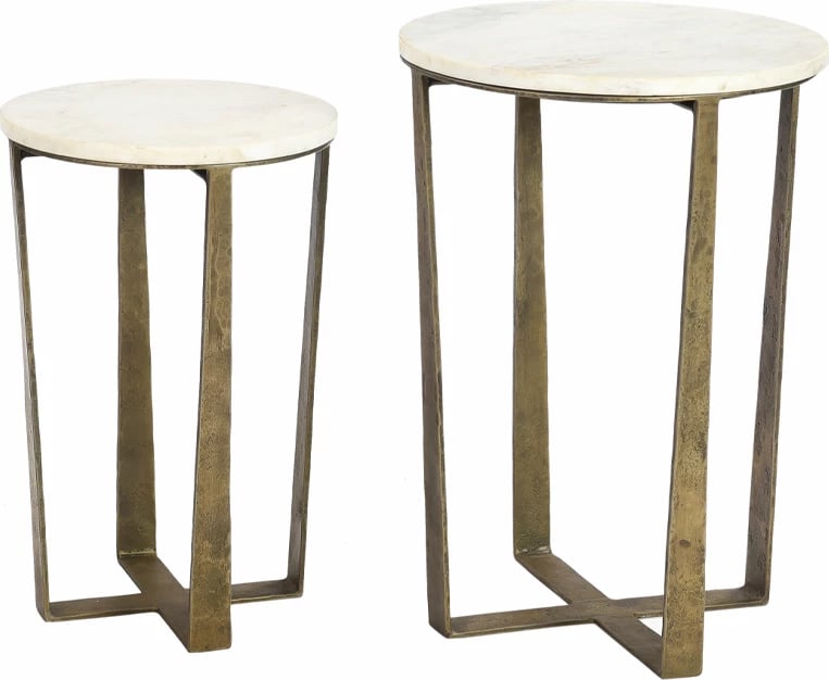 Set tavolinash anësore BLANCHE, mermer i bardhë, metal ngjyrë bronzi antik, 2 copë, 39x39x55