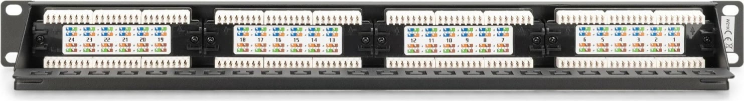 Patch Panel, Digitus DN-91624U-CR, 19" 1U, 24x RJ45 CAT 6 UTP, LSA vertikal me udhëzues kabllosh dhe fusha etiketime, e zezë