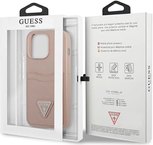 Mbështjellës Guess Saffiano Triangle për iPhone 13 Pro / 13, hardcase, rozë, me hapësirë kartelash