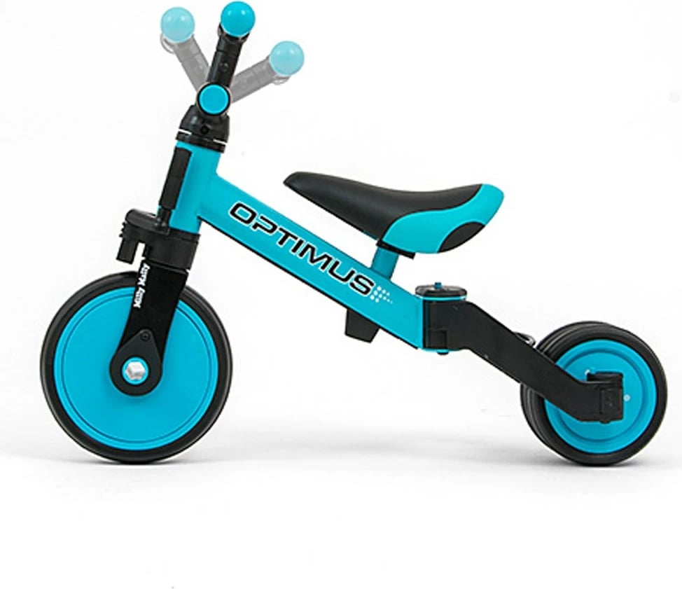 tricikel 3‑në‑1 fëmijë, Milly Mally Optimus, kornizë çeliku, rrota shkumë, sedilje e rregullueshme, deri 25 kg, blu