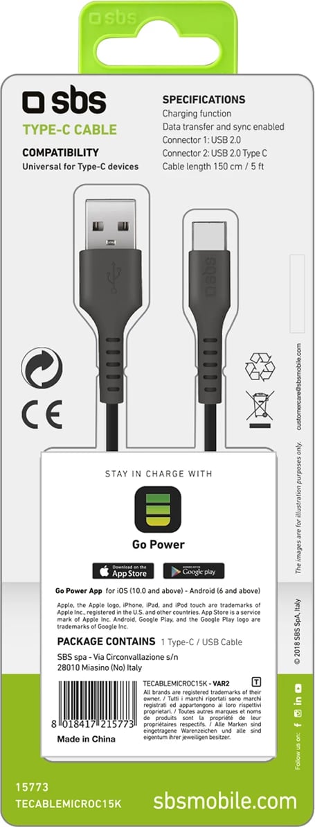 Kabllo USB-A në USB-C SBS TECABLEMICROC15K 1.5m, e zezë Kabllo USB-A në USB-C SBS TECABLEMICROC15K 1.5m, e zezë