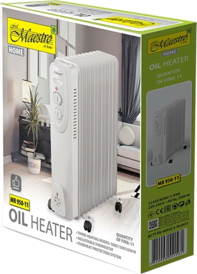 Ngrohës me vaj, Feel-Maestro MR-950-11, 11 elemente, 2500W, termostat, 3 nivele, e bardhë