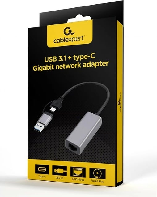 Kartë rrjeti USB Gembird A-USB3AC-LAN-01, USB 3.1, USB-A/USB-C, Gigabit, Metalike