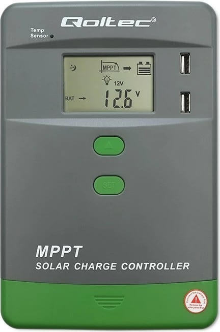 Kontrollues karikimi diellor Qoltec MPPT 53662, 30A, 12V/24V, LCD, 2xUSB, Bluetooth, Gri/Jeshil