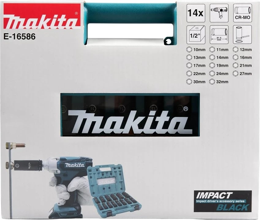 Set çelësa goditës Makita E-16586, 1/2", 12 copë, zi