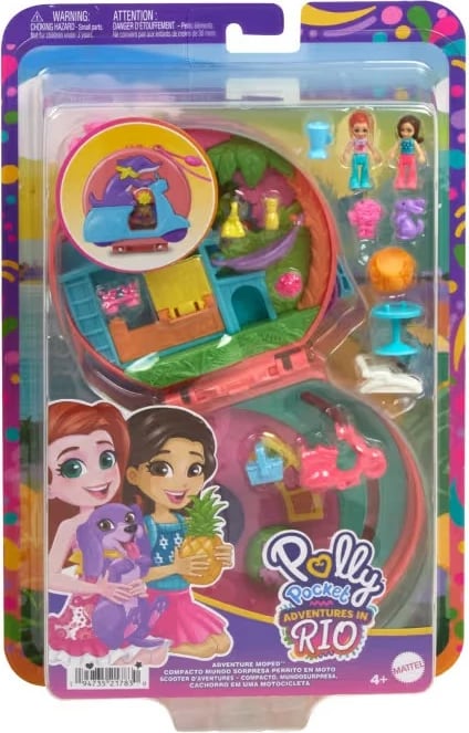 Set lodrash Polly Pocket Mattel HWN98, 2 kukulla të vogla, 12 aksesorë, skuteri me qenush