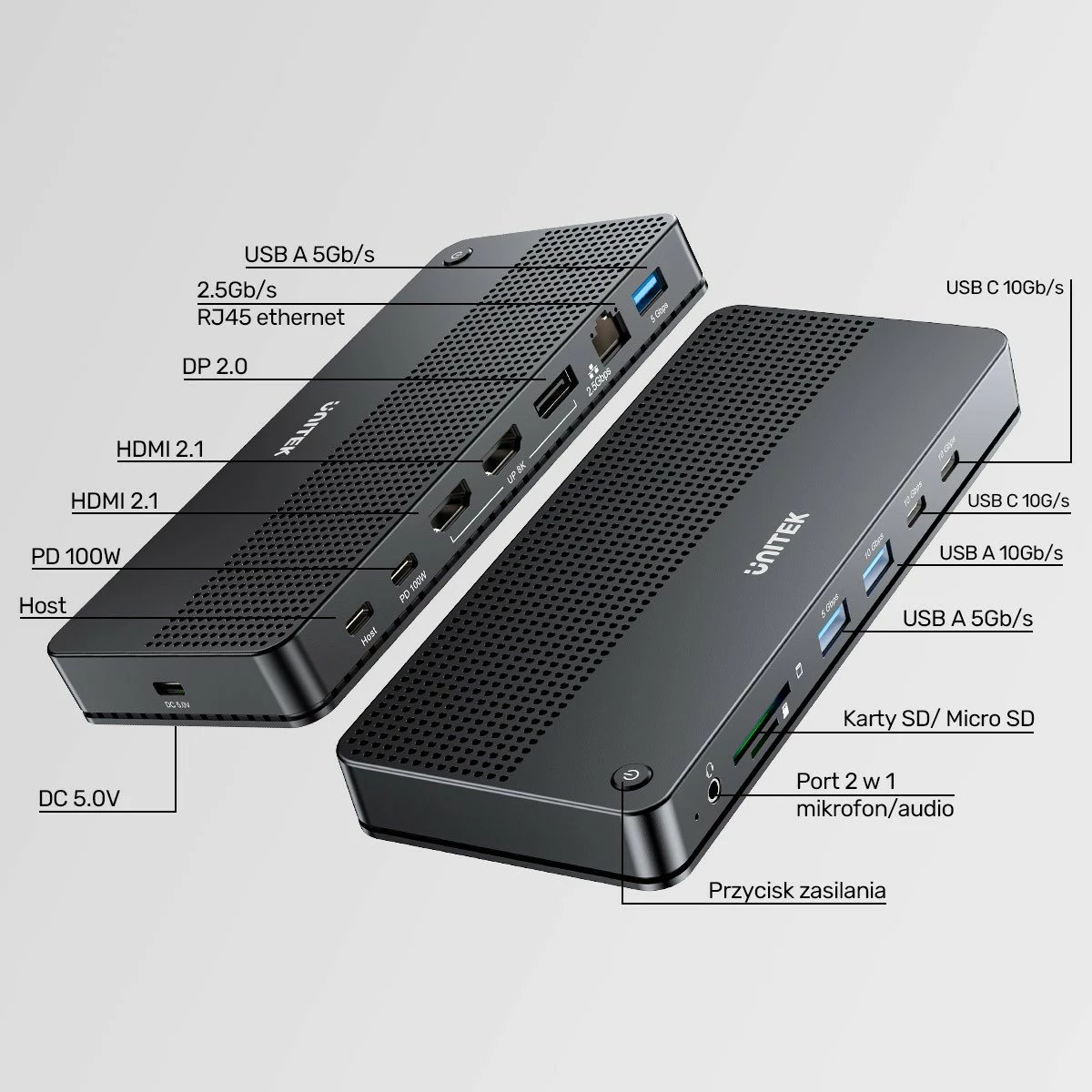 Kasë Unitek D1104A01, 13-në-1, USB-C Docking Station, HDMI 2.1, DP 2.0, RJ45, 10Gbps, Gri