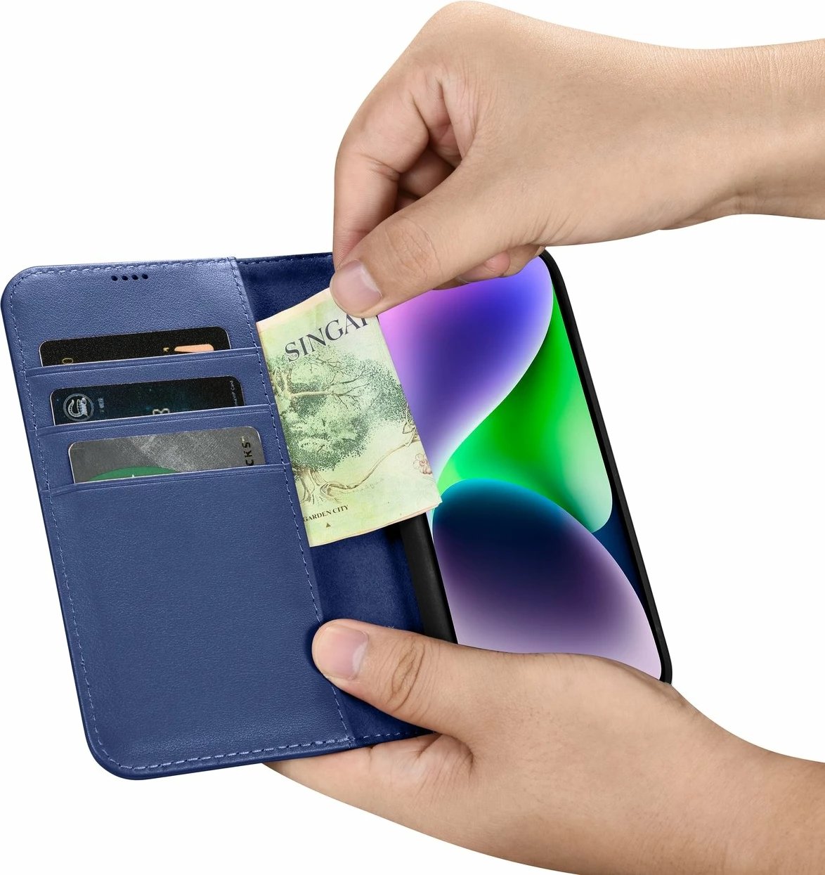 Mbështjellës iCarer Wallet Case 2in1 për iPhone 14, lëkurë natyrale, Anti-RFID, Blu