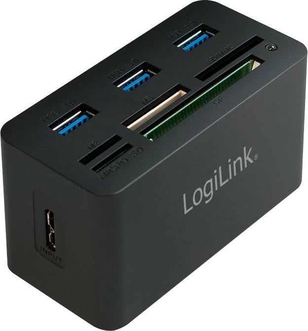 Kasë USB Hub LogiLink CR0042 me 3 porta USB 3.0 dhe lexues kartelash, e zezë