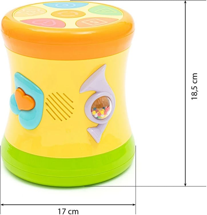 Lodër daulle muzikore, Baby Mix, Two-Sided Dynamic Drum, 8 melodi 12 këngë, drita LED, 10m+, 3xAAA, e verdhë