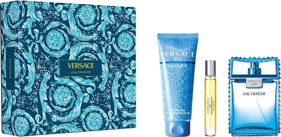 Set Eau de Toilette dhe xhel dushi Versace Man Eau Fraiche për meshkuj, 100ml + 10ml + 150ml