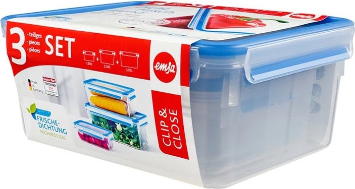 Set enësh plastike Emsa Clip & Close 3 copë, transparent/blu