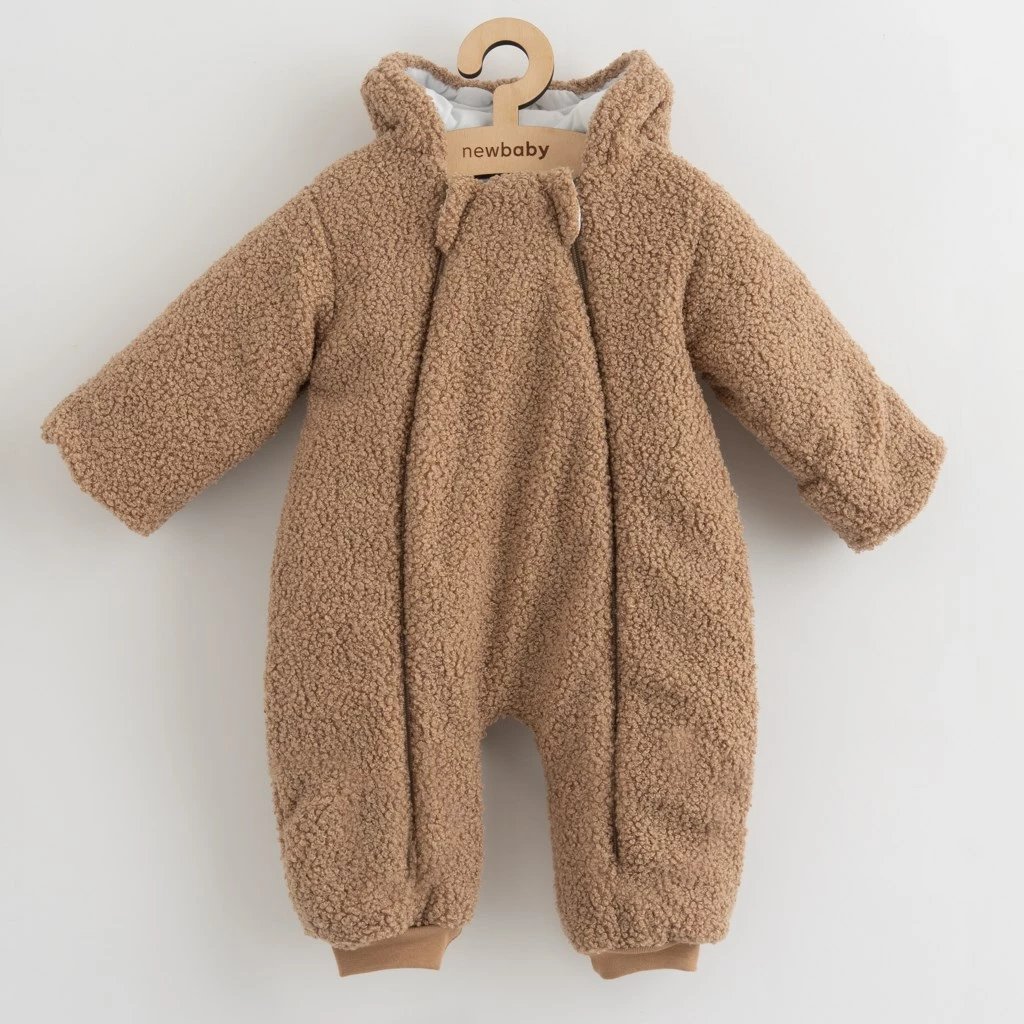 Kombinezon dimëror bebe, New Baby Teddy Winter, madhësi 86 (12–18m), boucle, dy zinxhirë, mbushje anti-alergjike, kapuç me veshë, kafe