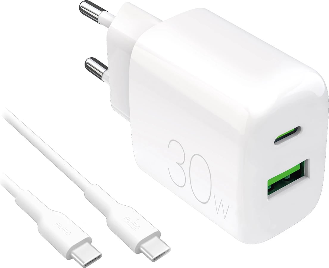 Karikues muri Puro PROLITE 30W me USB-A/USB-C + kabllo USB-C në USB-C 1.2m, Bardhë