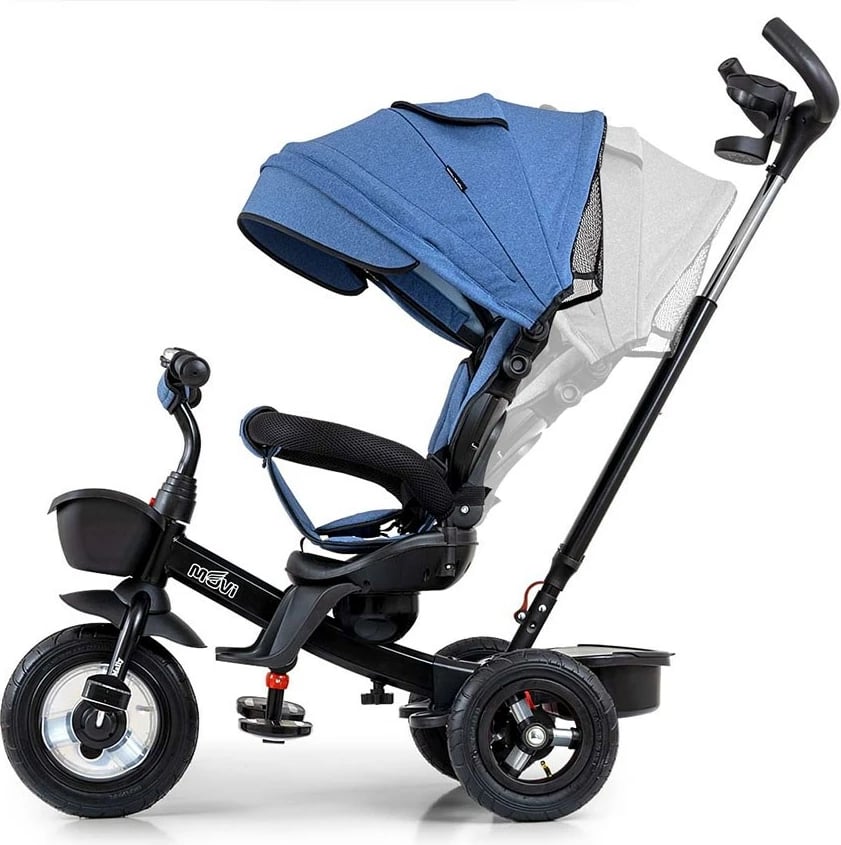 Tricikël me dorezë shtytëse, Milly Mally Movi, sedilje 360°, rrota të fryra, rripa 3‑pikësh, blu