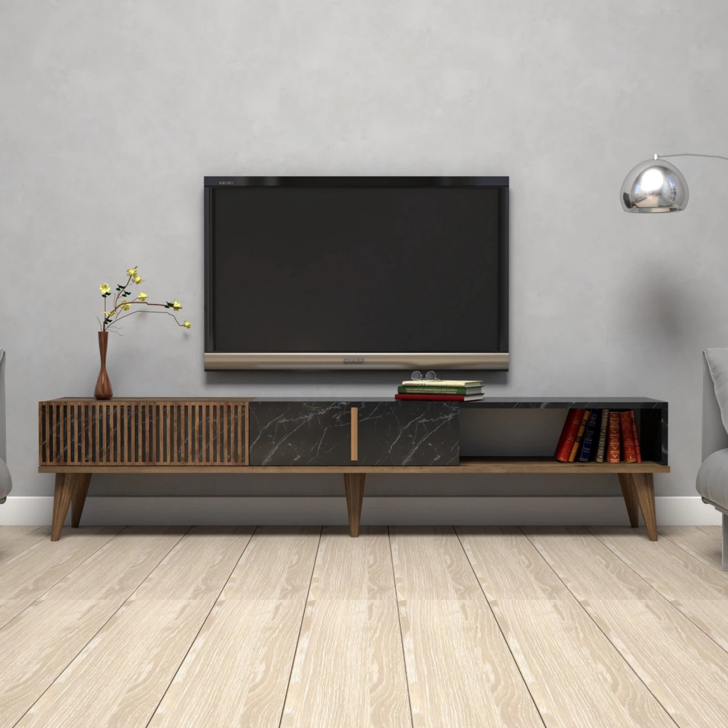 Mbajtës TV, FH9512.02, melaminë, ngjyrë arre dhe mermer i zi, 180x35x40Hcm