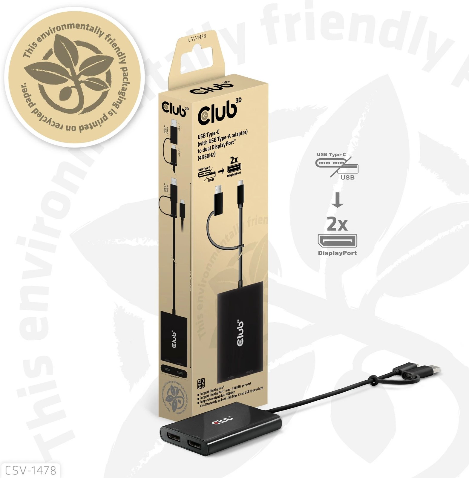 Adapter Club3D USB-C/USB-A në 2x DisplayPort 4K, i zi Adapter Club3D USB-C/USB-A në 2x DisplayPort 4K, i zi