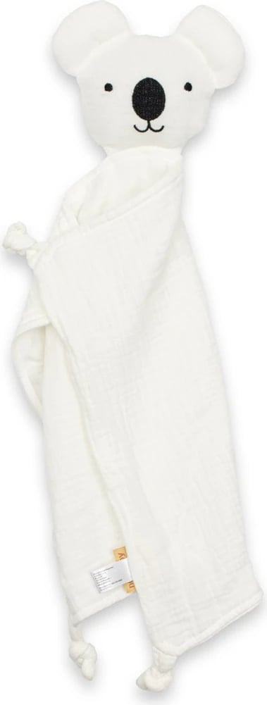 Lodër pelushi muslini, New Baby, Koala, 30x30 cm, pambuk organik, e bardhë